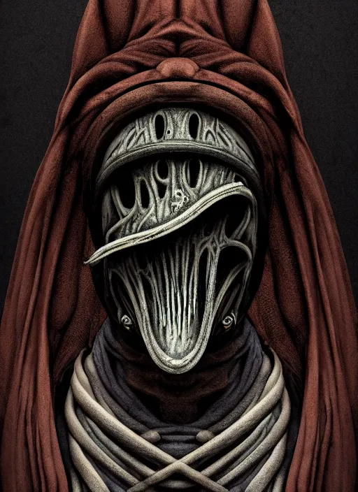 Image similar to symmetry!! stunning portrait of grotesque and horrifying plague doctor, muted colours, lovecraftian horror, cosmic horror!! cinematic lighting, horror fiction, digital art, winning award masterpiece, fantastically beautiful, aesthetically inspired by wayne barlowe and gerald brom, trending on artstation, art by greg rutkowski and h r giger, octane render, 8 k