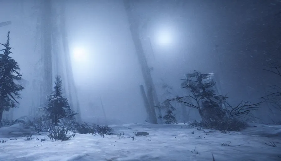 Image similar to Unreal Engine Survival Game in a blizzard, Heavy Thick snow, Fog and Mist, Beautiful dark Landscape, Distant Lights, Hyperrealistic, Hyperdetailed, Concept Art