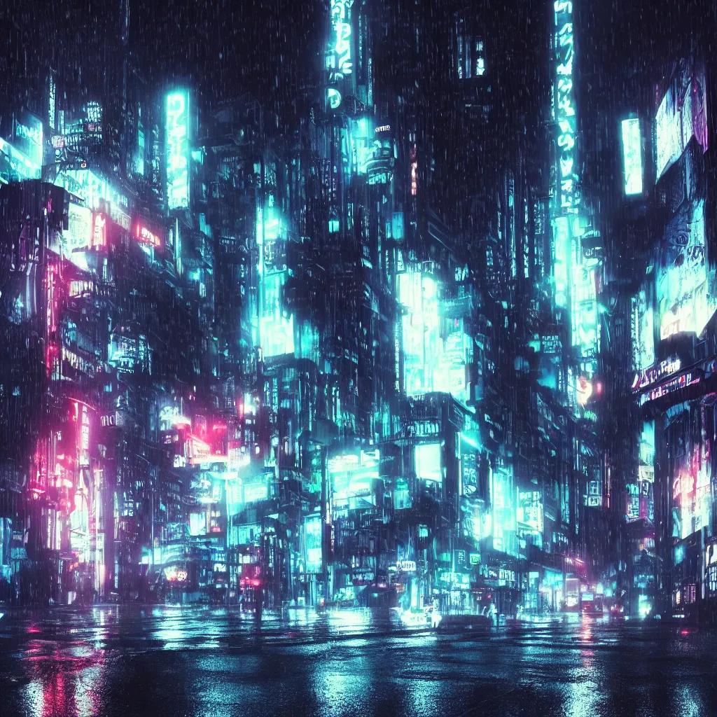 Image similar to dark city street in the rain, neon lights, cyberpunk, year 2 0 9 9, blade runner, octane render, 4 k
