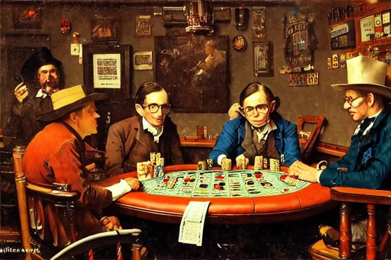 Prompt: playing poker in a saloon, Isaac Newton and Stephen Hawking, trending on artstation, Norman Rockwell and Richard Schmid