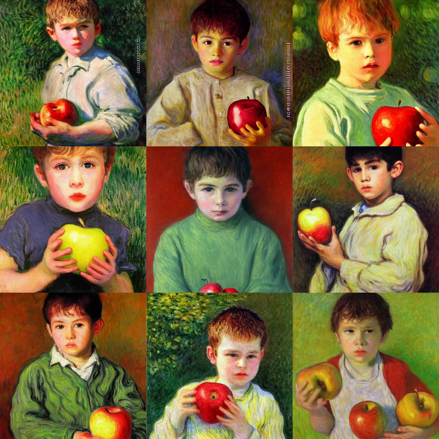 Prompt: high detailed oil painting of boy with apple painted by claude monet