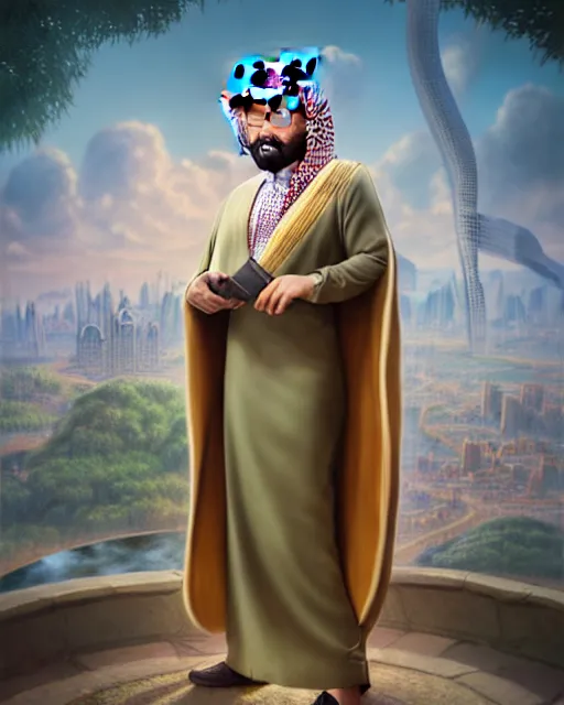 Prompt: an epic fantasy comic book style full body portrait painting of saudi mbs , elegant, character design by Mark Ryden and Pixar and Hayao Miyazaki, unreal 5, DAZ, hyperrealistic, octane render, cosplay, RPG portrait, dynamic lighting, intricate detail, summer vibrancy, cinematic