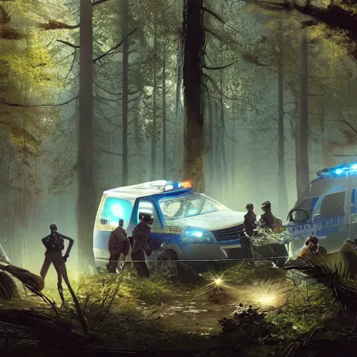 Image similar to a [ team of scientists, police officers, and news reporters ] surround a crashed ufo in the [ middle of a forest ]!!, [ digital art ]!!, trending on cgsociety, 4 k quality, illustrated by greg rutkowski, mary anning, peder balke, balthus, and gaston bussiere