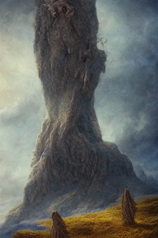 Image similar to tall humanoid mythical monster looming over a tiny human in an epic landscape, ethereal fantasy, blooodborne, artstation, agostino arrivabene, james gurney