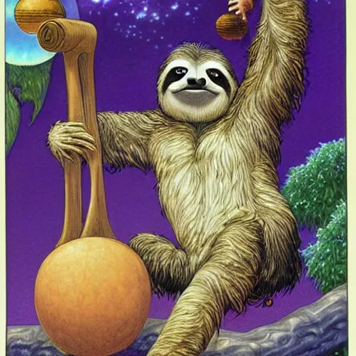 Prompt: a sloth who is a wise old wizard by Larry Elmore, and by Boris Vallejo, fantasy 1980s illustration