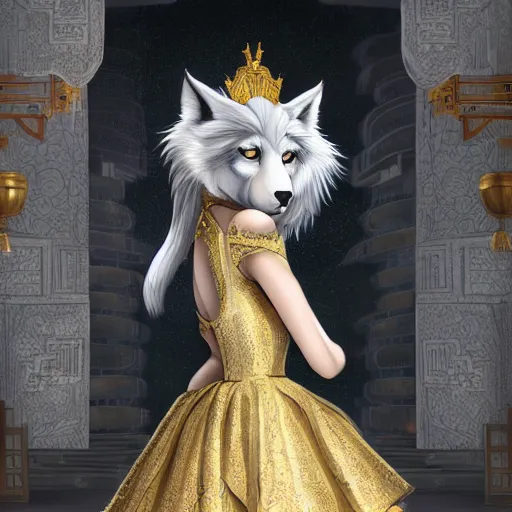 Image similar to commissioned full body portrait of a female anthro furry wolf-headed princess fursona with white hair wearing a white and gold chinese armored dress in a white and gold palace, by Wlop and jerry park, artstation, extremely detailed