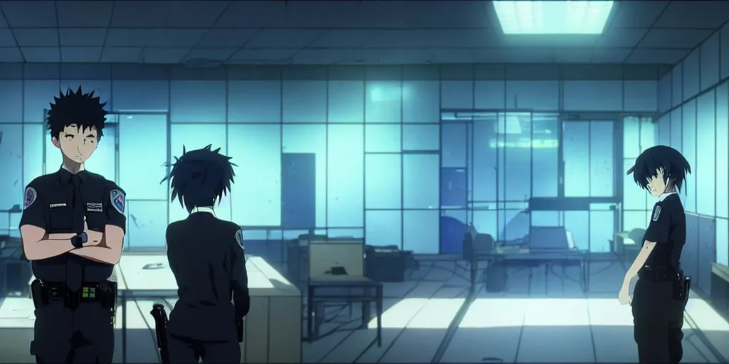 Image similar to an atmospheric empty quiet quiet after hours cyberpunk police office office in the cyberpunk neon noir anime film, Shichiro Kobayashi and makoto shinkai, screenshot in the anime series ergo proxy ergo proxy ergo proxy and Detroit metal city, interior