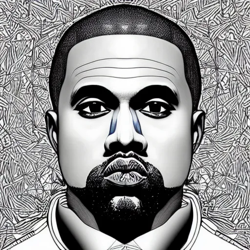 Prompt: Geometrically surreal Kanye, extremely high detail, photorealistic, intricate line drawings, dotart, album art in the style of James Jean