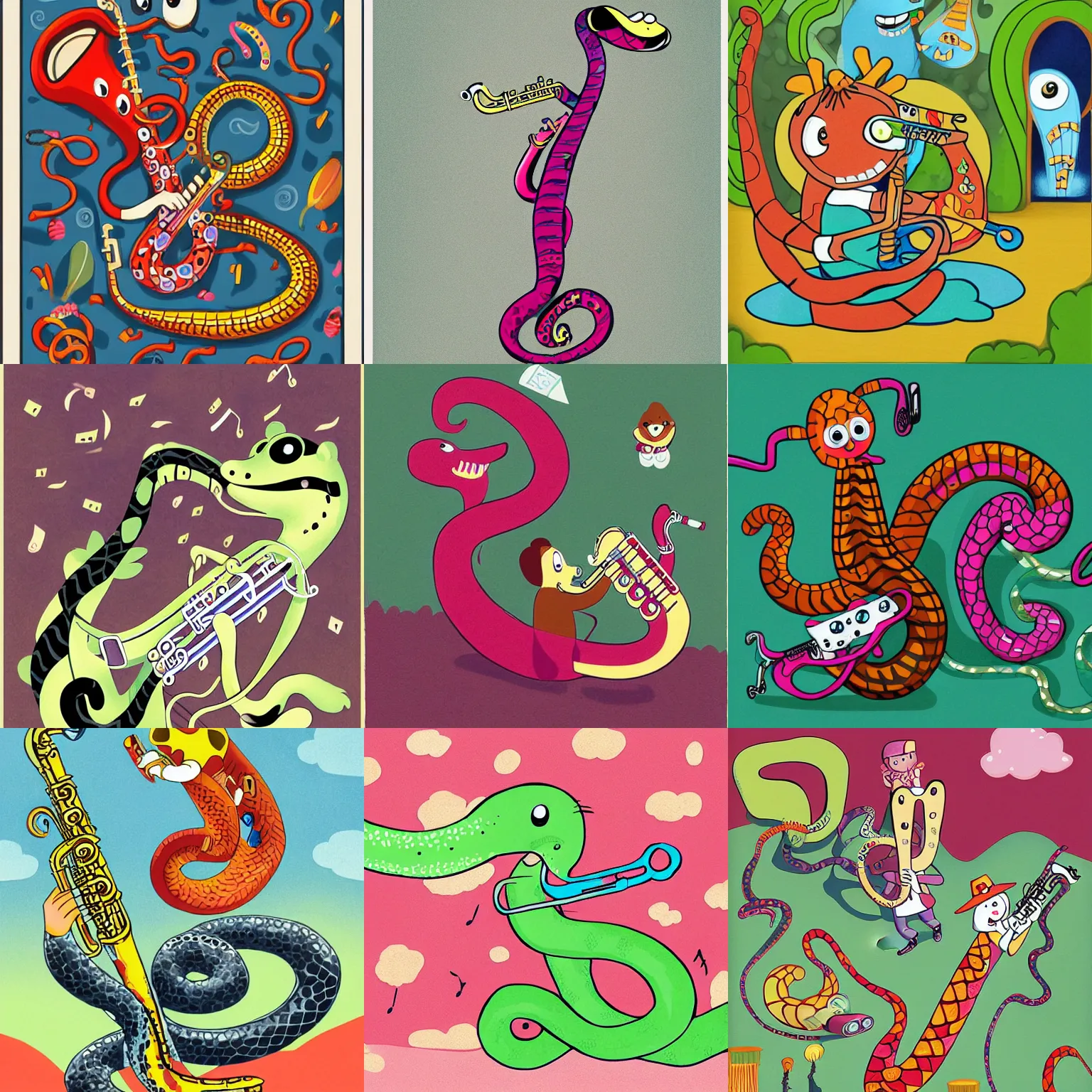 Prompt: a cute cartoon serpent playing the saxophone, Children's Book Illustration, Laura Watson, Andy Catling, Nate Fakes, Basia Tran