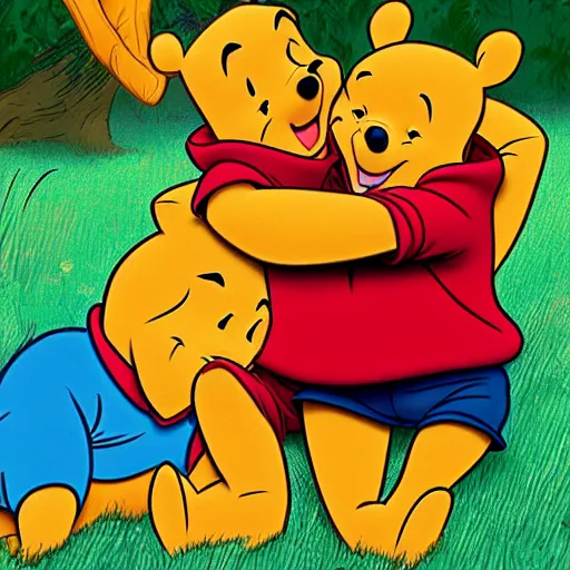 Image similar to winnie the pooh dying, in the style of winnie the pooh cartoon
