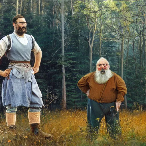 Prompt: Gary Gygax in earflaps stands in the middle of the field, Rye (Shishkin), painting by Ivan Shishkin, Ernest Gary Gygax face, photo by Gary Gygax, painting by Valentin Serov, oil painting