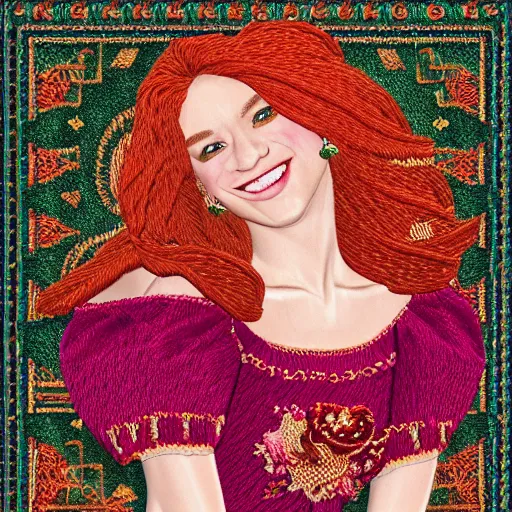 Prompt: Highly detailed embroidery design of a beautiful young woman with red hair, smiling by Disney, Thread material, Fabric material, gold details, Emerald insets, Golden thread, golden details, intricate details, intricate patterns 4k, 8k, HDR