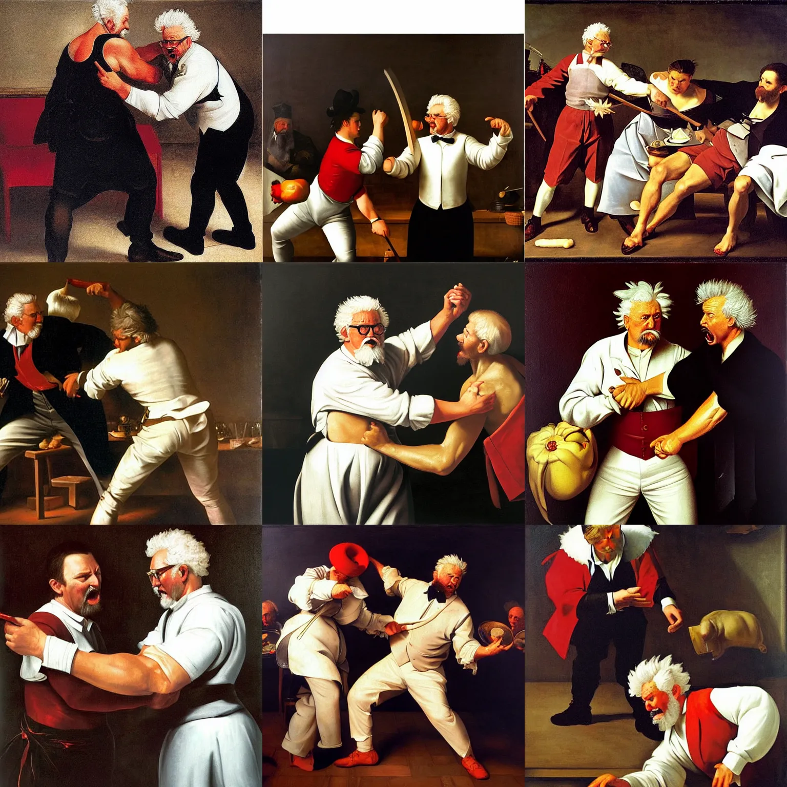 Prompt: colonel sanders fights jamie oliver. painted by caravaggio