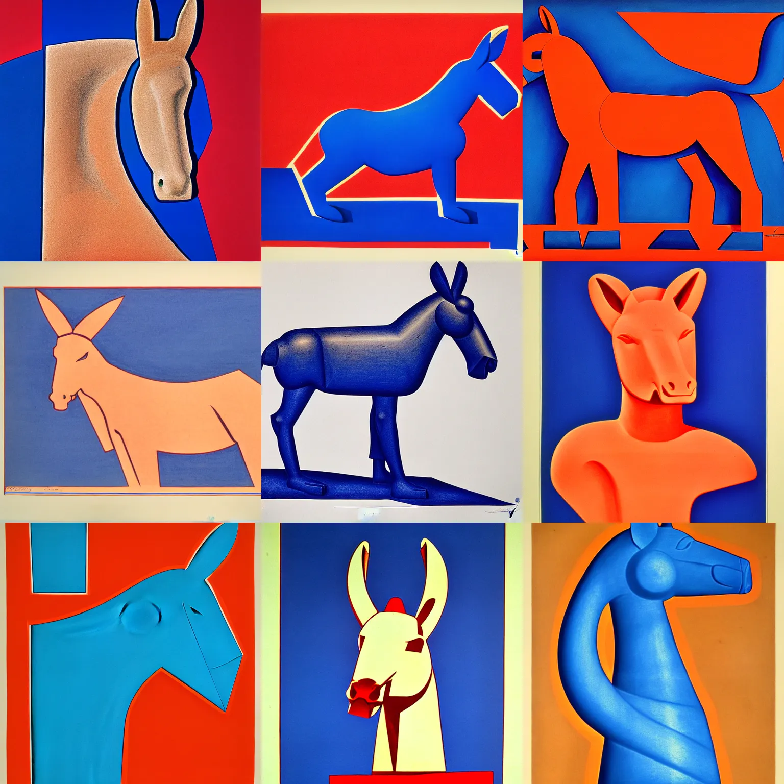 Prompt: duotone lithograph of cycladic sculpture of a donkey, stylized, bold, solid colors, duotone, ultramarine blue and red iron oxide