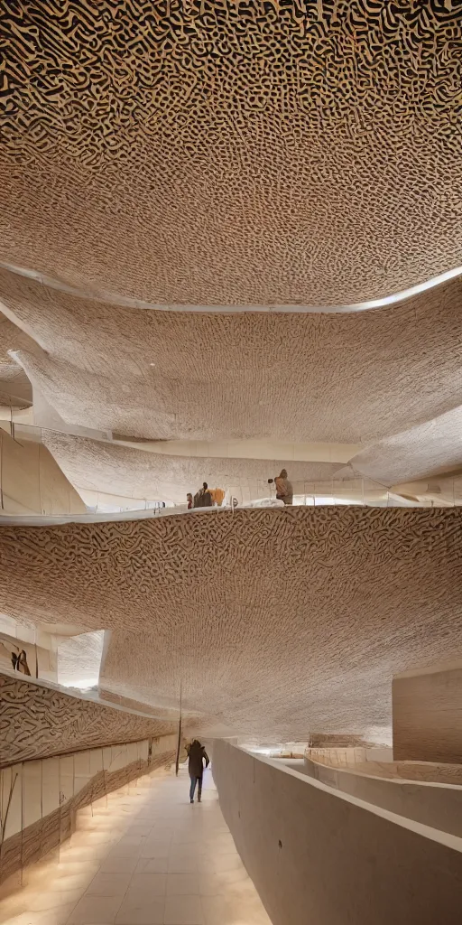 Image similar to indoor photo of a complex cultural building made of fractal rammed earth, people walking