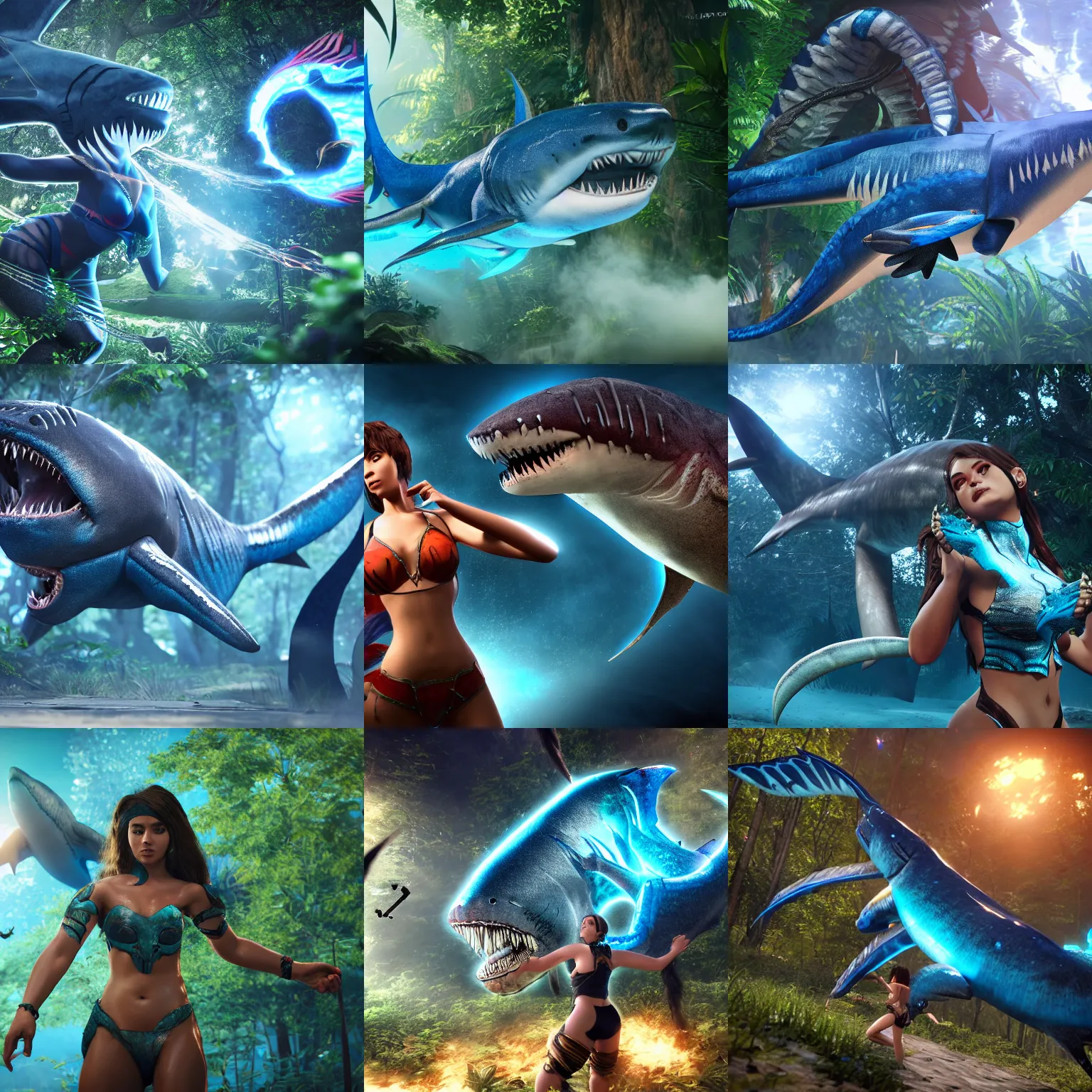 Prompt: latin lady god jungle fighting giantshark bluefire the eyes of origin 8k sun and moon, high detailed, 8k, CryEngine