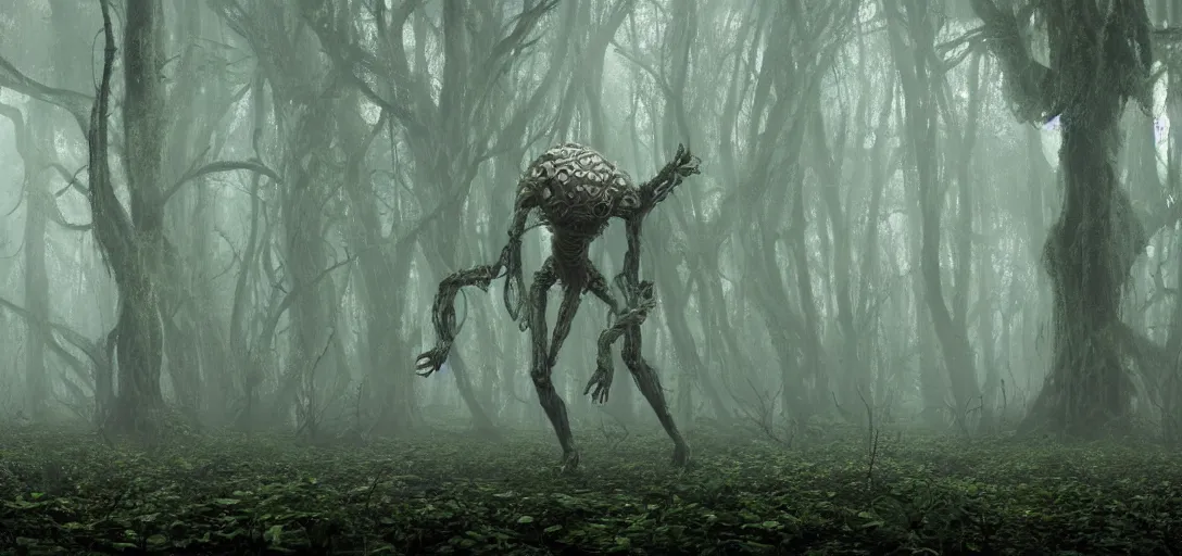 Image similar to a complex organic fractal 3 d metallic symbiotic ceramic humanoid megastructure eldritch horror creature in a swampy lush forest, foggy, cinematic shot, photo still from movie by denis villeneuve