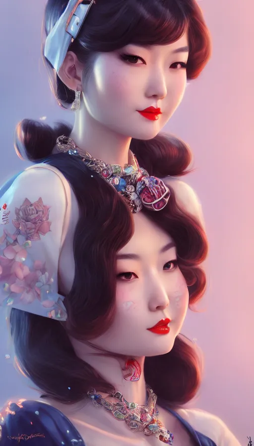 Image similar to a pin up and beautiful fashion and charming and dreamlke asian girl, lv jewelry, art by artgerm & jeehyung lee & wlop, hyperdetailed, 8 k realistic, symmetrical, frostbite 3 engine, cryengine, dof, trending on artstation, digital art