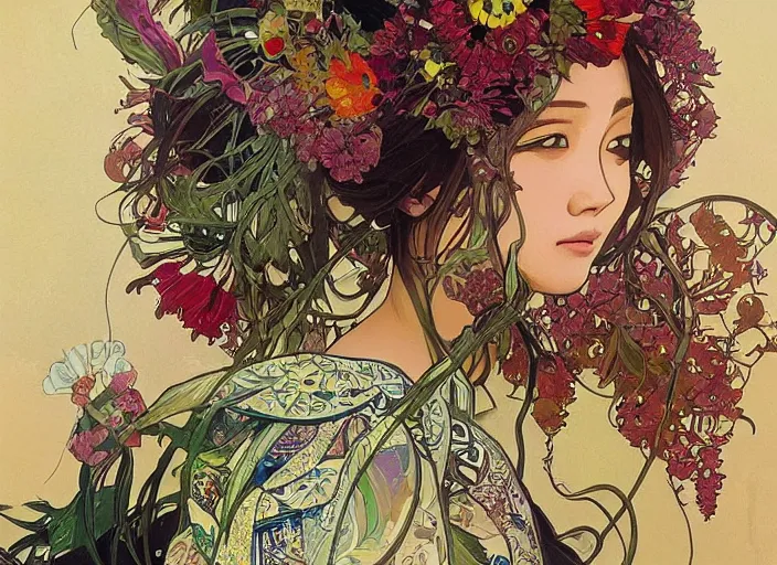 Image similar to oil painting, long shot, beautiful floralpunk iban bio mechanical female illustration detailed patterns art of sarawak traditional dress, flower pop art, floral splash painting, art by ashley wood, alphonse mucha, makoto shinkai, geof darrow, dark shadow