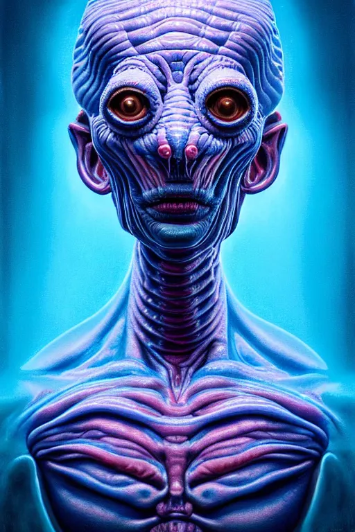 Image similar to hyperrealistic close-up pastel rococo alien! highly detailed concept art eric zener elson peter cinematic hard blue lighting high angle hd 8k sharp shallow depth of field, inspired by David Paul Cronenberg and Zdzisław Beksiński