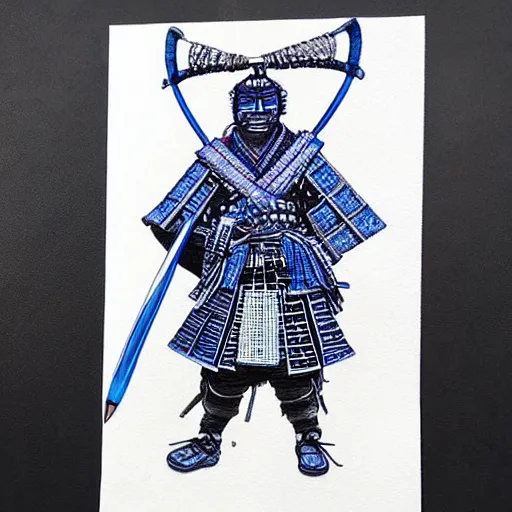 Image similar to oscar ukonu, beautiful samurai made with blue african ball point pen