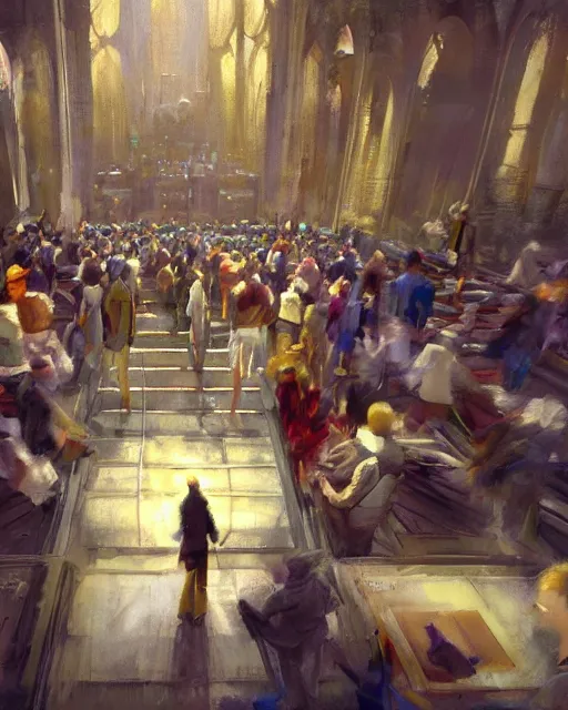 Image similar to craig mullins and moebius painting of a crowd in a futuristic church, priest, pews, ethereal, inviting, bright, unreal engine, hyper realism, realistic shading, cinematic composition, realistic render, octane render, detailed textures, photorealistic, wide shot