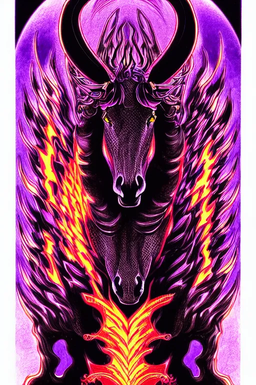 Prompt: illustration of fiery horse demon, black and purple flames, flaming eyes, horse, intricate linework, in the style of moebius, ayami kojima, 1 9 9 0's anime, retro fantasy