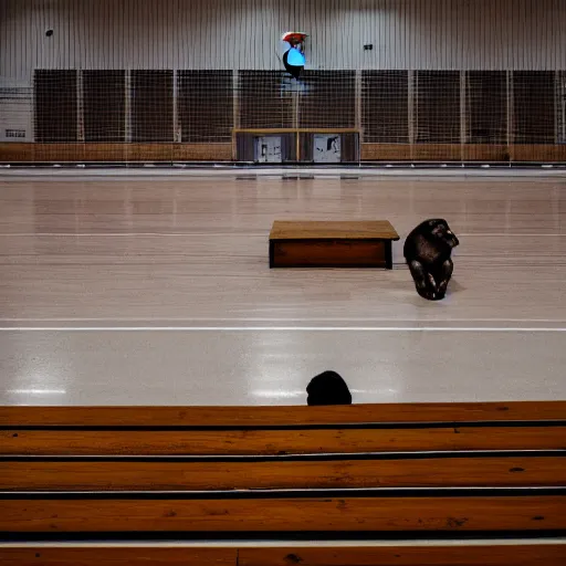 Prompt: photograph of a bear mascot sitting on wooden bleachers in an empty highschool gym