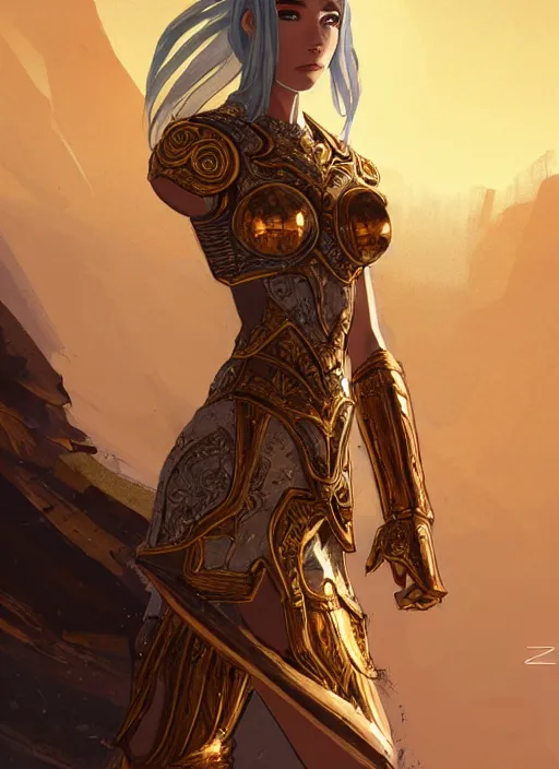 Image similar to portrait knights of zodiac girl, golden and copper shining armor, in ruined agora of athens sunrise, ssci - fi and fantasy, intricate and very very beautiful and elegant, highly detailed, digital painting, artstation, concept art, smooth and sharp focus, illustration, art by tian zi and ilya kuvshinov and wlop and z - - ed