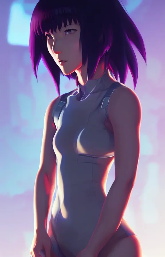 Image similar to a fullbody portrait of motoko kusanagi the major ghost in the shell : : stand alone complex, under repairs, maintenance : : by ilya kuvshinov, rossdraws, artgerm, sola digital arts, anti aliasing, raytracing : :