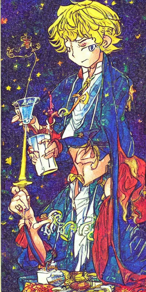 Prompt: a mystical man with a goblet on the table, wizard hat, drawn by Naoko Takeuchi, tarot card