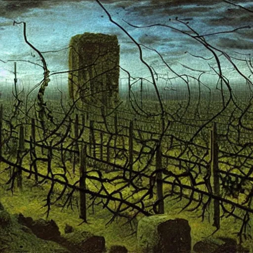 Image similar to a data center filled with server racks surrounded by ancient ruins and covered in vines, Caspar David Friedrich, oil painting