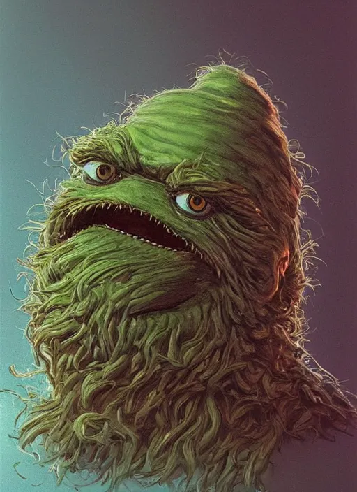 Image similar to portrait of Oscar The Grouch in The Thing (1982), highly detailed, centered, solid color background, digital painting, artstation, concept art, smooth, sharp focus, illustration, artgerm, donato giancola, Joseph Christian Leyendecker, Les Edwards, Ed Repka, WLOP, Artgerm