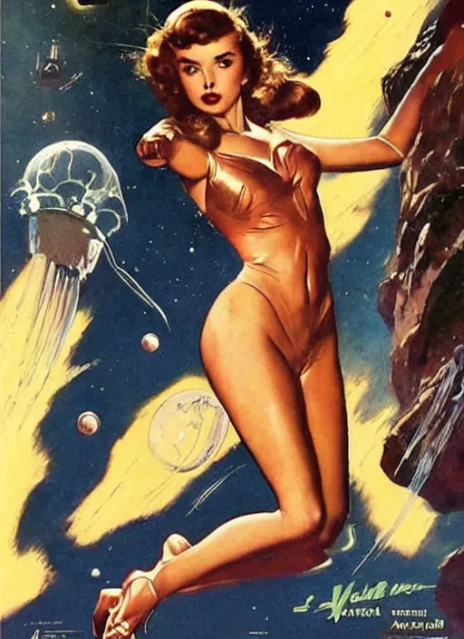 Image similar to the woman from venus starring anna de armas, vintage scifi poster art by john alvin, river mcginnis, norman rockwell, frank frazetta and drew struzan, trending on pinterest, beautiful, lovely