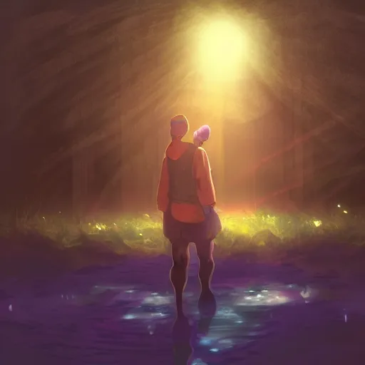 Image similar to a dirty lost person is following a floating blue glowing ball of light through a foggy swamp , Eternal cardgame art style .