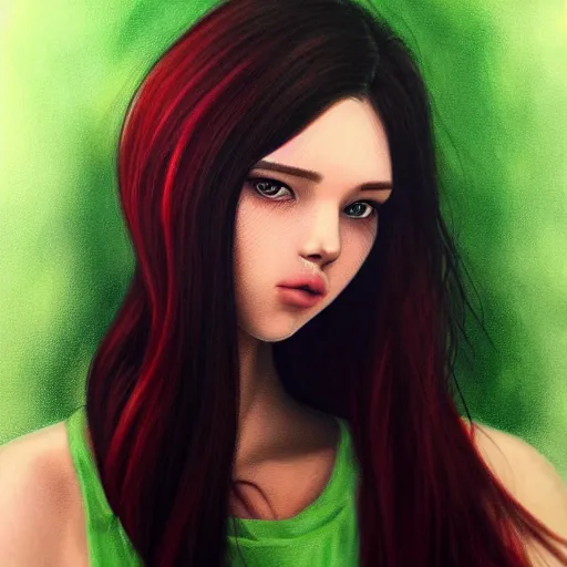 Image similar to a realistic illustration portrait of a beautiful cute girl with wavy black red hair, a pointy nose and, round chin black eyeliner, green welcoming eyes, trending on artstation, hyper - realistic lighting