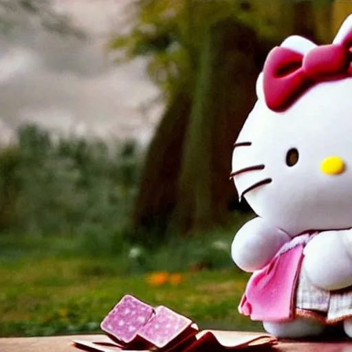 Image similar to portrait of gandalf as Hello Kitty, holding a blank playing card up to the camera, movie still from the lord of the rings