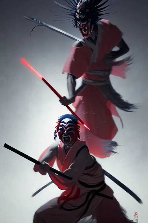 Image similar to portrait of a mad kabuki warrior wielding a spear doing a mie and emitting a visible aura of madness, crossed eyes, hazy, greg rutkowski style, high quality, 8 k,