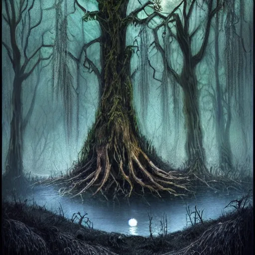 Image similar to highly realistic scenic painting of a towering misty dark fantasy forest surrounding a pond, a water sprite sits on the roots of an ancient tree looking up at the moon, spooky fog, fantasy painting hd