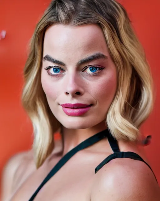 Prompt: A portrait of a margot robbie in a cosplay uniform, piercing eyes, highly detailed, bokeh, professional photograph, full body shot 4K, HD