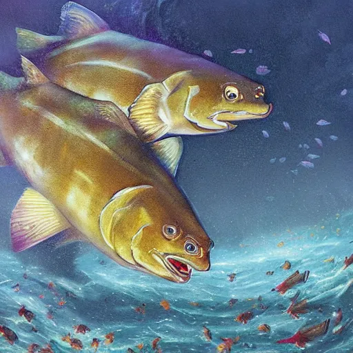 Prompt: two cods talking to eachother in deep sea, art by mark arian