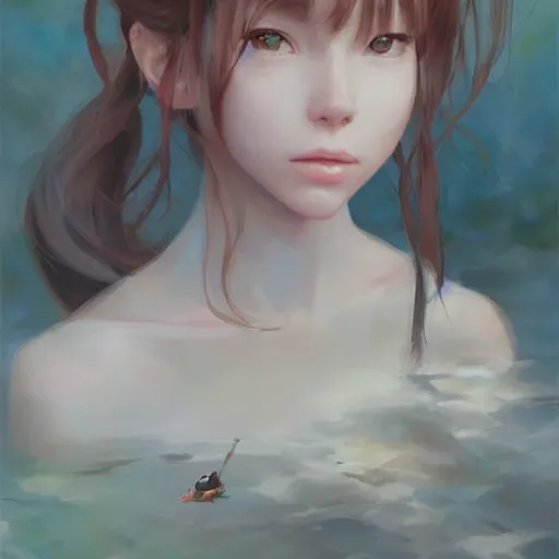 Prompt: painting by krenz cushart!!, portrait of a beautiful girl as a frog floating in the clouds, finely detailed features, backlit, rule of thirds, intricate brush strokes, beautiful realistic lighting, trending on pixiv fanbox artstation.