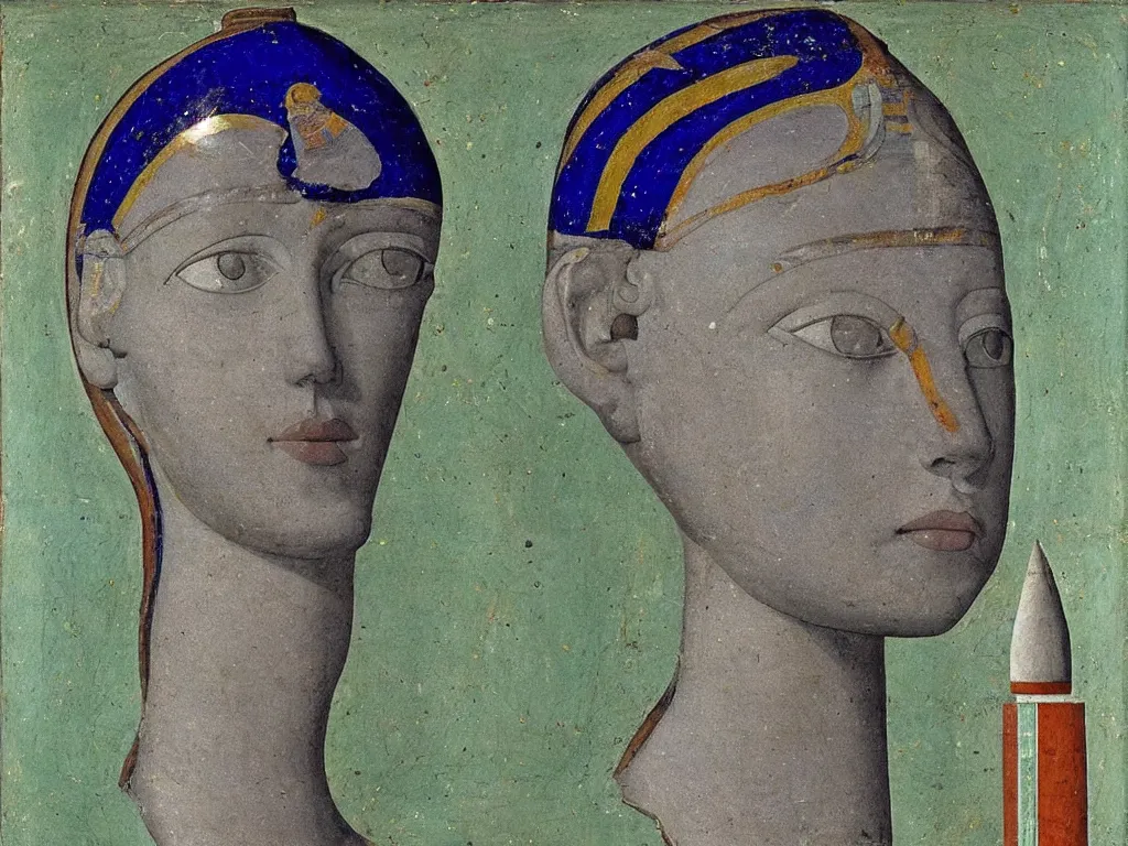 Image similar to marble egyptian sculpture head of the god of inner tranquility with inlaid crystal eye. lapis - lazuli, turquoise, malachite, cinnabar, earth brown. painting by piero della francesca, balthus, agnes pelton