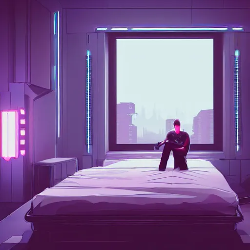 Image similar to a guy sitting on a bed in a room, cyberpunk art by Victor Mosquera, behance contest winner, panfuturism, darksynth, synthwave, retrowave