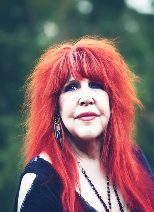 Prompt: dslr portrait photo still of stevie nicks with red hair playing a guitar, 8 5 mm, f 1. 8