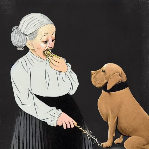 Prompt: a surreal absurdist image of an old woman swallowing a dog