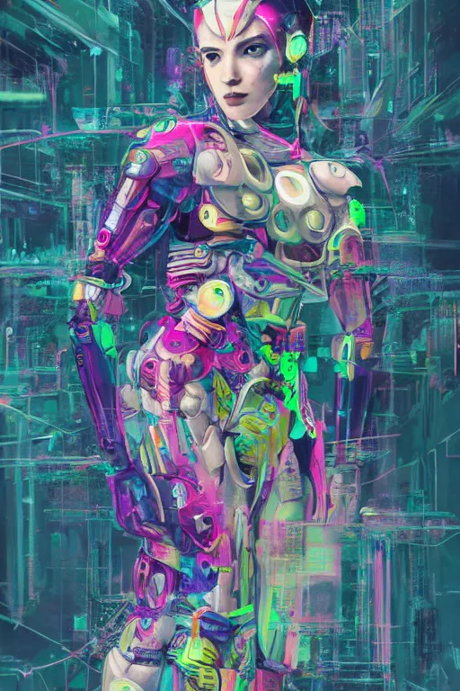 Image similar to a character wearing a diy costume with a lot of details, with fluo colored details, muted colors, ghost in the shell, satoshi con, hyper real painting