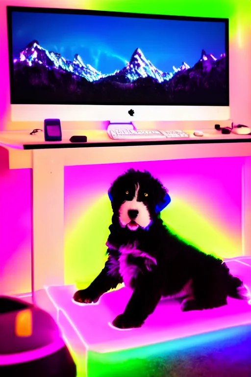 Image similar to a cute bernedoodle puppy sitting in a gaming chair + neon rgb light strips, large computer monitor, mountains in background!!!!!!!, vaporwave, dramatic, confident, rule of thirds, 4 k, award winning, octane render, volumetric lighting