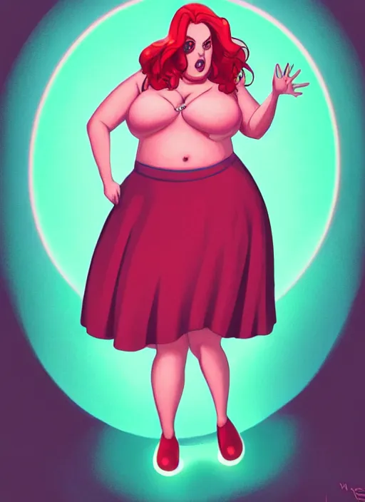 Image similar to full body portrait of teenage cheryl blossom, obese, bangs, green eyes, sultry expression, red hair, sultry smirk, bangs and wavy hair, pink skirt, fat, intricate, elegant, glowing lights, highly detailed, digital painting, artstation, concept art, smooth, sharp focus, illustration, art by wlop, mars ravelo and greg rutkowski