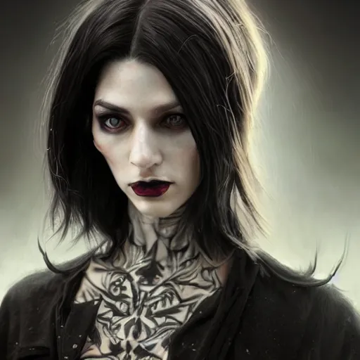 Image similar to portrait painting of an androgynous witch with shoulder length flowing black hair pale skin and beautiful dark brown eyes wearing a punk clothes, ultra realistic, concept art, intricate details, eerie, highly detailed, photorealistic, octane render, 8 k, unreal engine. art by artgerm and greg rutkowski and magali villeneuve